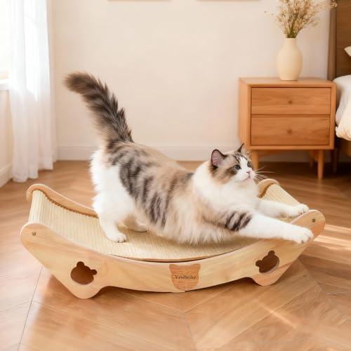 Yesibeike Upgraded Sisal Cat Scratcher Bed, Solid Oak Frame 1.3 cm Thick, 100% Sisal Pad, Curved Scratch Lounger, Stable Base Up to 36 lb, Sofa Protector, Odor-Free, 23.6" x 13.7"