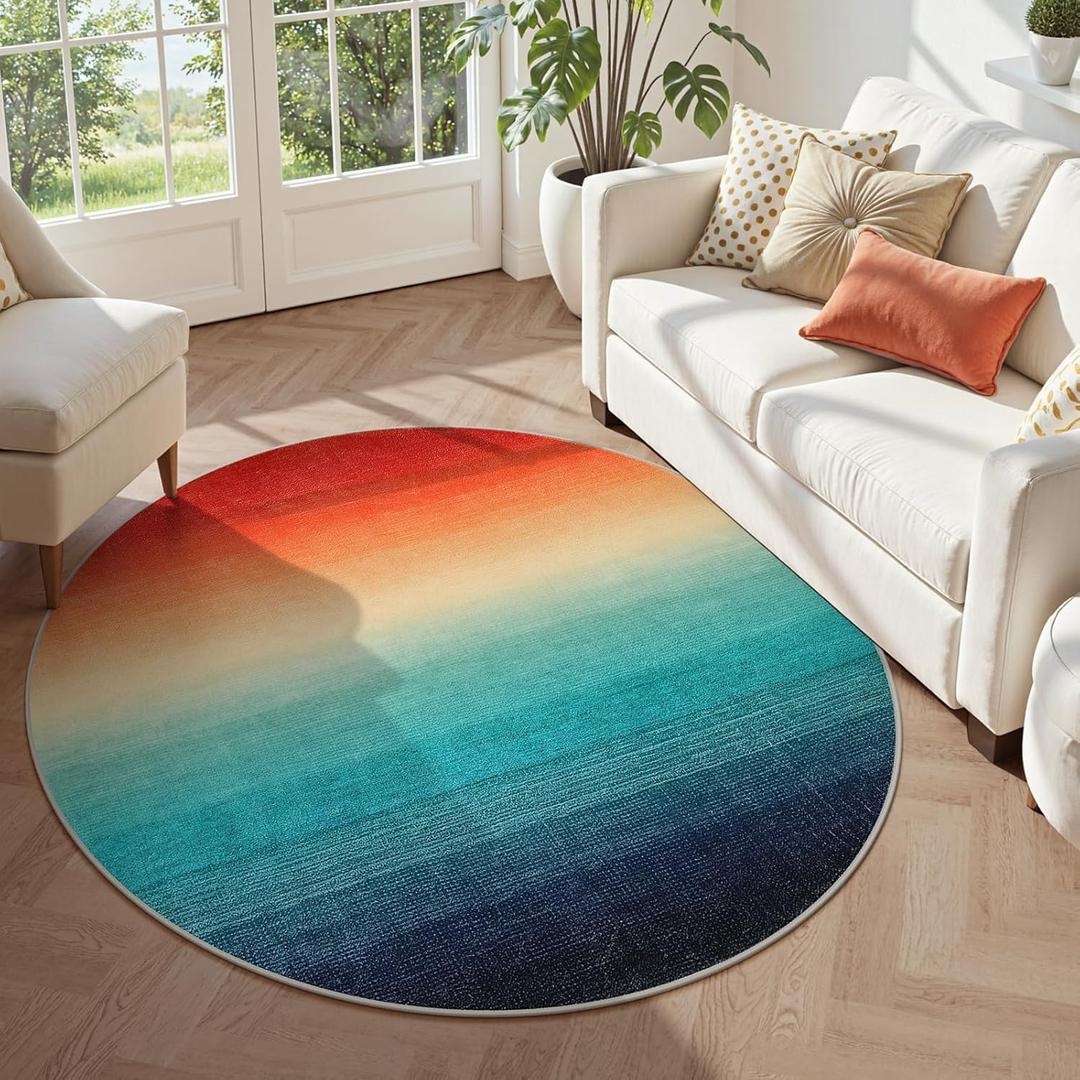 Wonnitar Modern Ombre Washable Round Area Rug 5ft, Large Circle Christmas Rug for Bedroom, Non-Slip Rainbow Kitchen Throw Mat, Stain Resistant Low Pile Carpet for Living Room (Colorful, Round 5ft)
