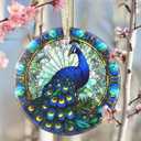 Ceramic Peacock Ornament - Round Hanging Decor for Christmas Tree - Gifts for Peacock Lovers