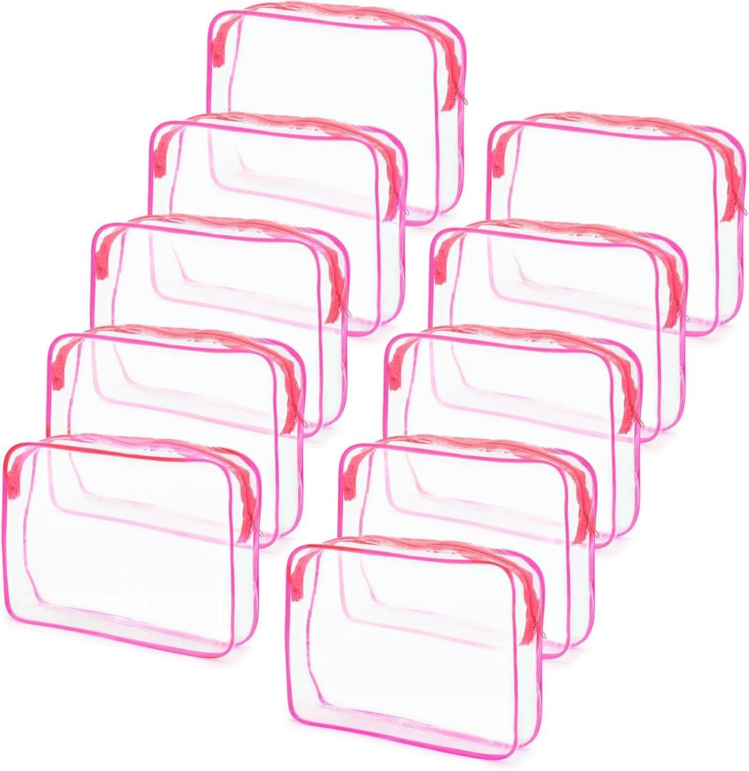Tbestmax 10 Pack Clear Cosmetic Bags Makeup Bags Portable Waterproof TSA Approved Travel Toiletry Bags Large Organizer Rose Red, 9.8" x 7.1" x 2.4"