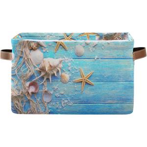 Summer Beach Wooden Starfish Storage Basket Bins, Ocean Nautical Decorative Baskets Storage Box Collapsible Storage Cubes Organizer with Handles for Nursery Shelf Closet Office Home Bedroom,1