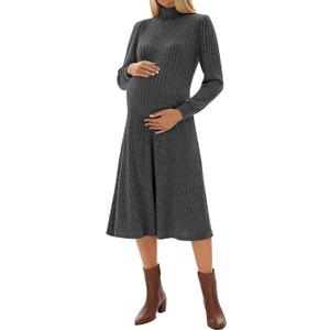 Women's Maternity Sweater Dress, Turtleneck Long Sleeve Knit Pregnant Puff Sleeve Dress Fall Winter Holiday Outfit, Size Large