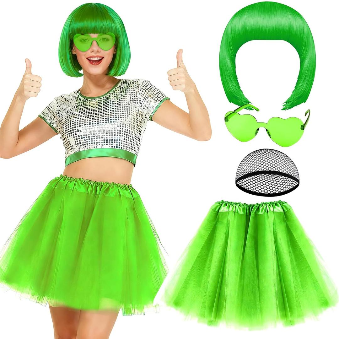 PLULON Grass Green Bob Wig Tutus Heart Sunglasses for Women Costume, Neon Party Short Bob Wigs with Bangs 80s Puffy Tulle Skirt for Disco Bachelorette Mardi Gras Party Music Festivals Stage Dance