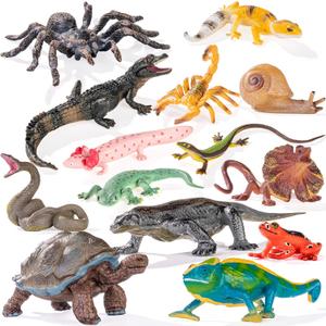 14PCS Reptile Animal Figurines Toys,Desert Amphibians Sand Toys with Axolotl,Lizard,Snake,Spider,Komodo Dragon,Alligator,Rainforest Cold Blooded Plastic Animals Figures Party Favors for Kids