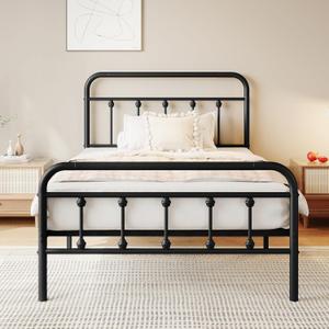 Twin Size Metal Platform Bed Frame/Victorian Style Headboard and Footboard/Steel Slat Support/Easy Assembly/No Box Spring Needed/Underbed Storage/Noise Free/Black