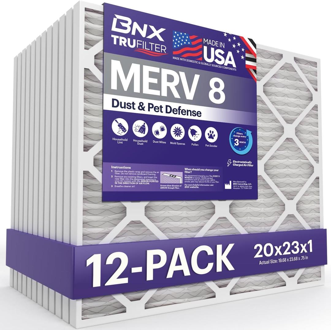 BNX TruFilter 20x23x1 Air Filter MERV 8 (12-Pack) - MADE IN USA  Dust & Pet Defense Electrostatic Pleated Air Conditioner HVAC AC Furnace Filters for Dust, Pet, Mold, Pollen MPR 600  700 & FPR 5