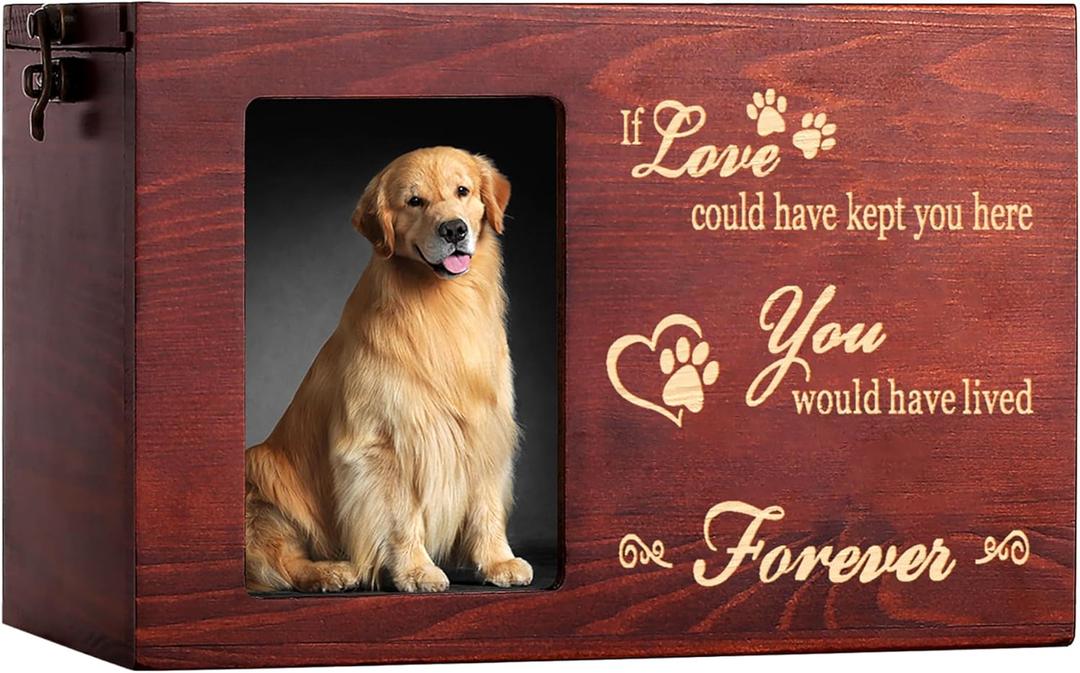Pet Memorial Urns for Dog or Cat Ashes, Large Wooden Funeral Cremation Urns with Photo Frame, Keepsake Memory Box with Black Flannel Lining