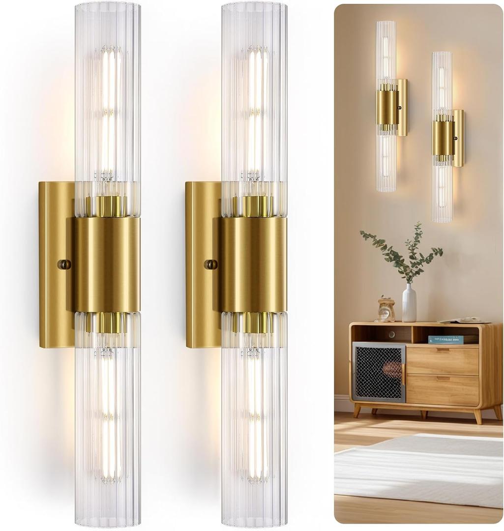 21" Gold Bathroom Sconces Set of 2 , Modern Wall Sconces Set of Two with Threaded Glass, Hardwired Up Down Wall Lighting Vanity Fixtures for Bedroom Bathroom Living Room Hallway (Bulb Not Included)