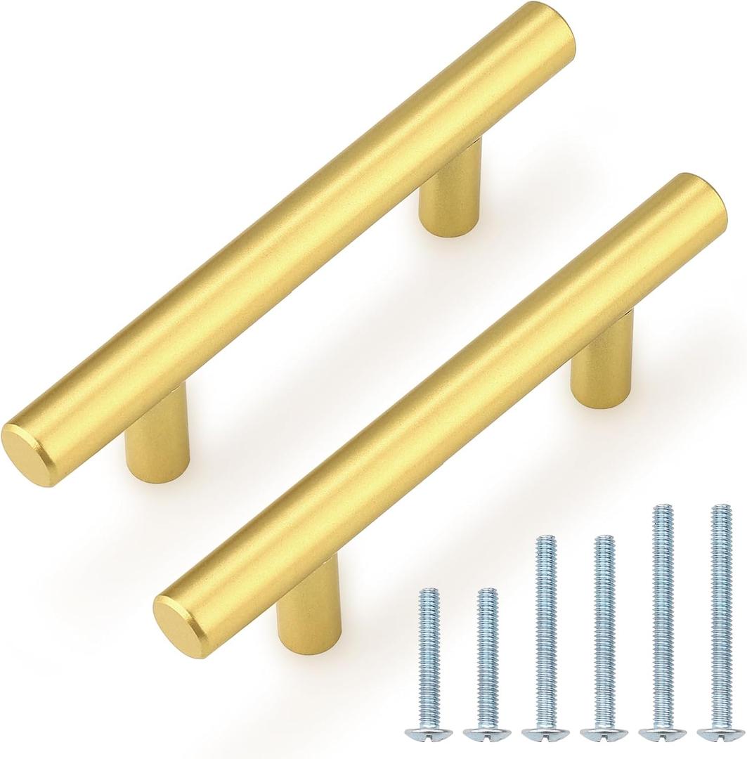 Probrico 10 Pack 3 Inch Center-to-Center Kitchen Cabinet Pulls T Bar Gold Cabinet Handles Modern Drawer Hardware Dresser Pulls, 5 Inch Total Length