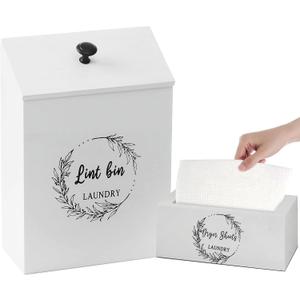 Magnetic Lint Bin and Dryer Sheet Holder Set for Laundry Room, Farmhouse Wooden Lint Trash Can with Lid and Dryer Sheet Dispenser Box Magnetic for Mounting on Dryer,Stylish Laundry Room Organiz(White)