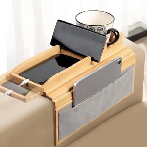 Couch armrest Table,5 in 1 Detachable Couch Cup Holder Tray with Side Storage Pocket, Bamboo Couch Table Double-Layer Large Space for Drinks, Eating, Cup, Remote,Food Trays for Eating on Couch (Slide-Away Detachable)