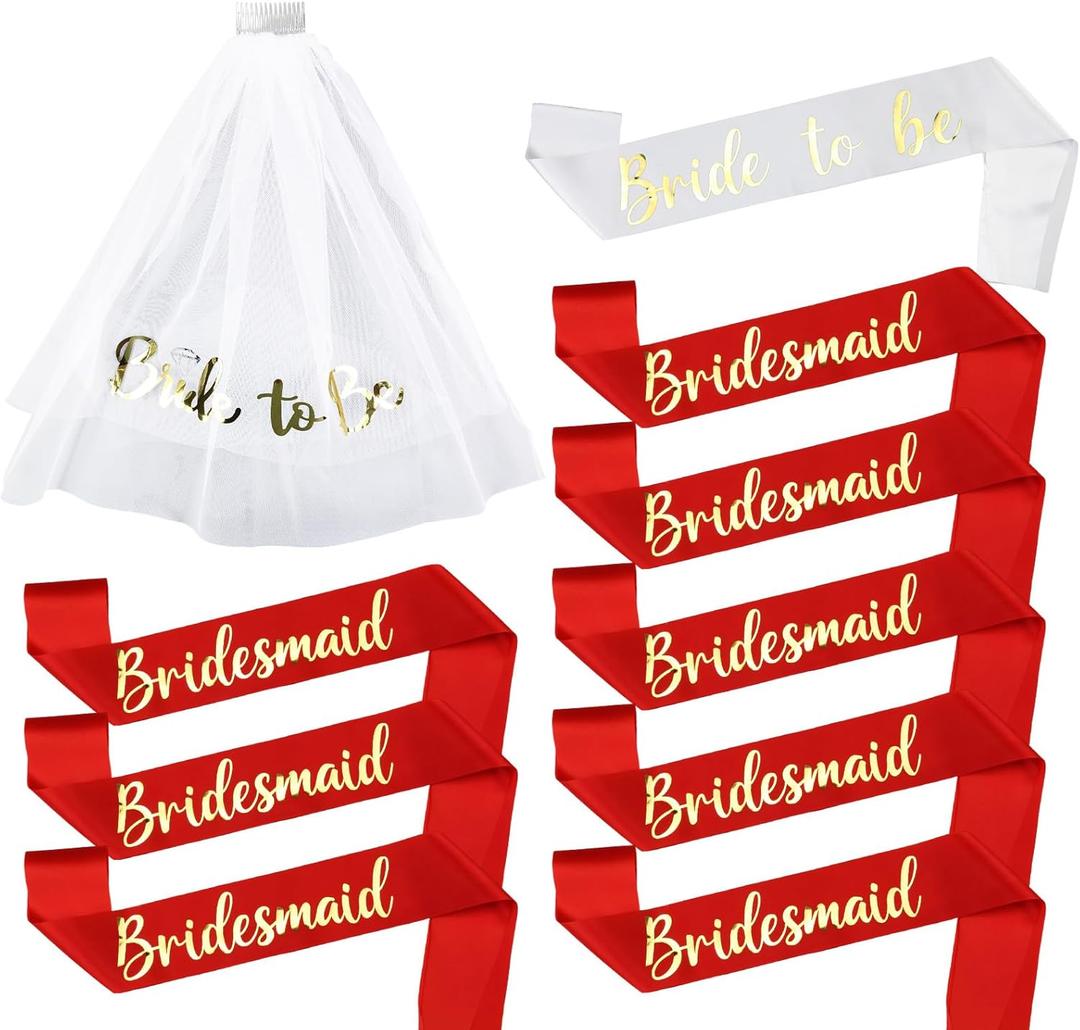Serencatcher 10 Pcs Red Bachelorette Party Favors Bride to Be Sash and Veil Set with Bridesmaid Sashes for Bachelorette Party Bridal Shower Accessories Gifts Wedding Party Decor,Red