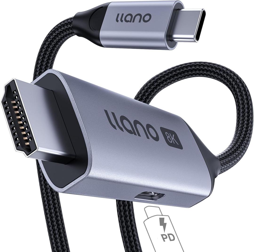 llano USB C to HDMI 2.1 Cable with 100W PD Charging, 8K@60Hz 4K@240Hz 2-in-1 Unidirectional Adapter Thunderbolt 5/4/3 Compatible, for MacBook, iPhone 17 Pro Max, Steam Deck (6.6ft (2m))