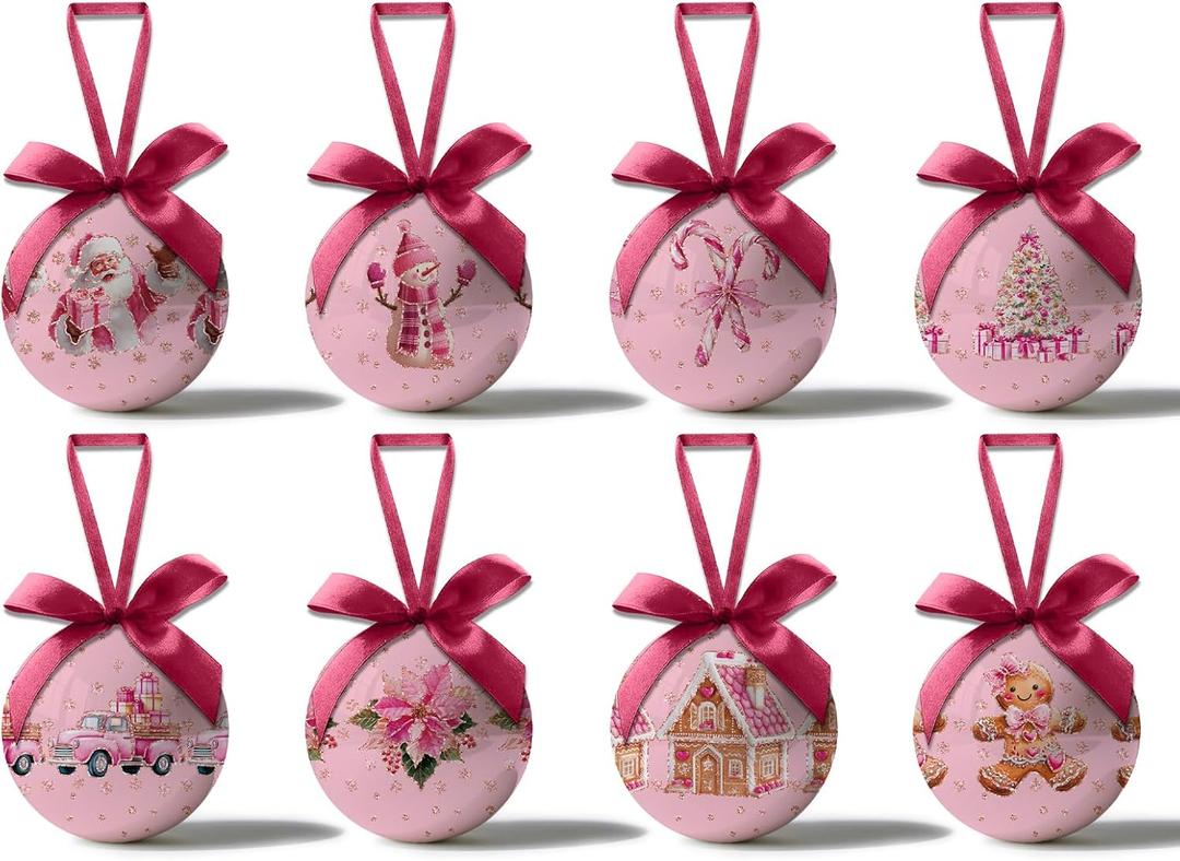 Pink Christmas Decor - Pink Christmas Tree Decorations Snowman Santa Candy Hanging Ornaments Balls, Cute Decorations Ball 2.36 Inch for Xmas Tree Party Home HolidayXmas Gifts Set of 16Pcs