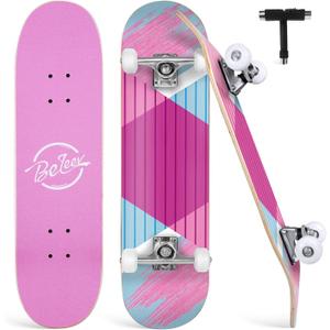 BELEEV Skateboards for Beginners, 31 x 8 inch Complete Skateboard for Kids Teens Adults, 7 Layer Canadian Maple Double Kick Deck Concave Cruiser Trick Skateboard with Multifunction Skate T-Tool