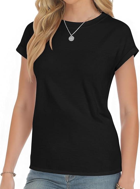 YOGINGO Short Sleeve Shirts for Women Crew Neck Tee - Fashion Summer Spring Cap Sleeve Tops for Women L 2Pack
