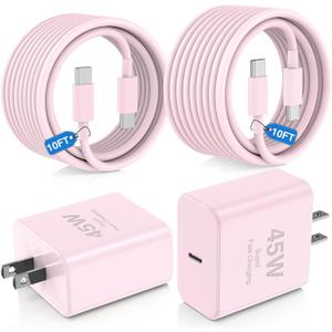 45W USB C Fast Charger for iPhone 17/ Air/16/15 Pro Max,2Pack 10FT Type C Charger Block & Cable, PD 3.0 Super Fast Charging for iPad Pro MacBook Air/Pro M1/M2, AirPods-Pink