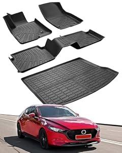 Car Cargo Liner & Floor Mats for Mazda 3 Hatchback: 2014 2015 2016 2017 2018 Custom Fit All Weather Waterproof TPE Floor Liners, Front & Rear & Cargo Mat Tray Accessories, 4PCS (No Fit for Sedan)