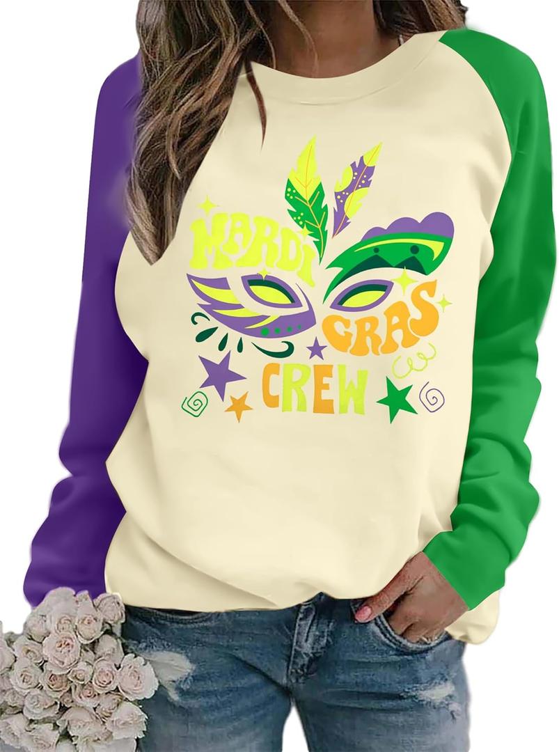 Mardi Gras Shirts for Women Funny Carnival Outfits Fat Tuesday Shirts New Orleans Festival Long Sleeve Tops