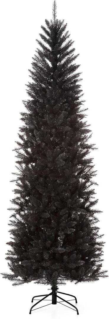 Glitzhome 7.5ft Black Pencil Tinsel Artificial Christmas Tree Skinny Slim Tree for Small Spaces, 1188 PVC/PET Tips, Hinged Branches, Easy Assembly with Metal Stand