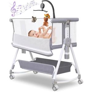 Hkleae Baby Bassinet,3 in 1 Baby Bassinets Bedside Sleeper with Musical Toy,Bedside Cribs with Storage Basket and Wheels,7 Height Adjustable Easy Folding Bassinet,Safe Co-Sleeping Crib (Grey 0-6Months)