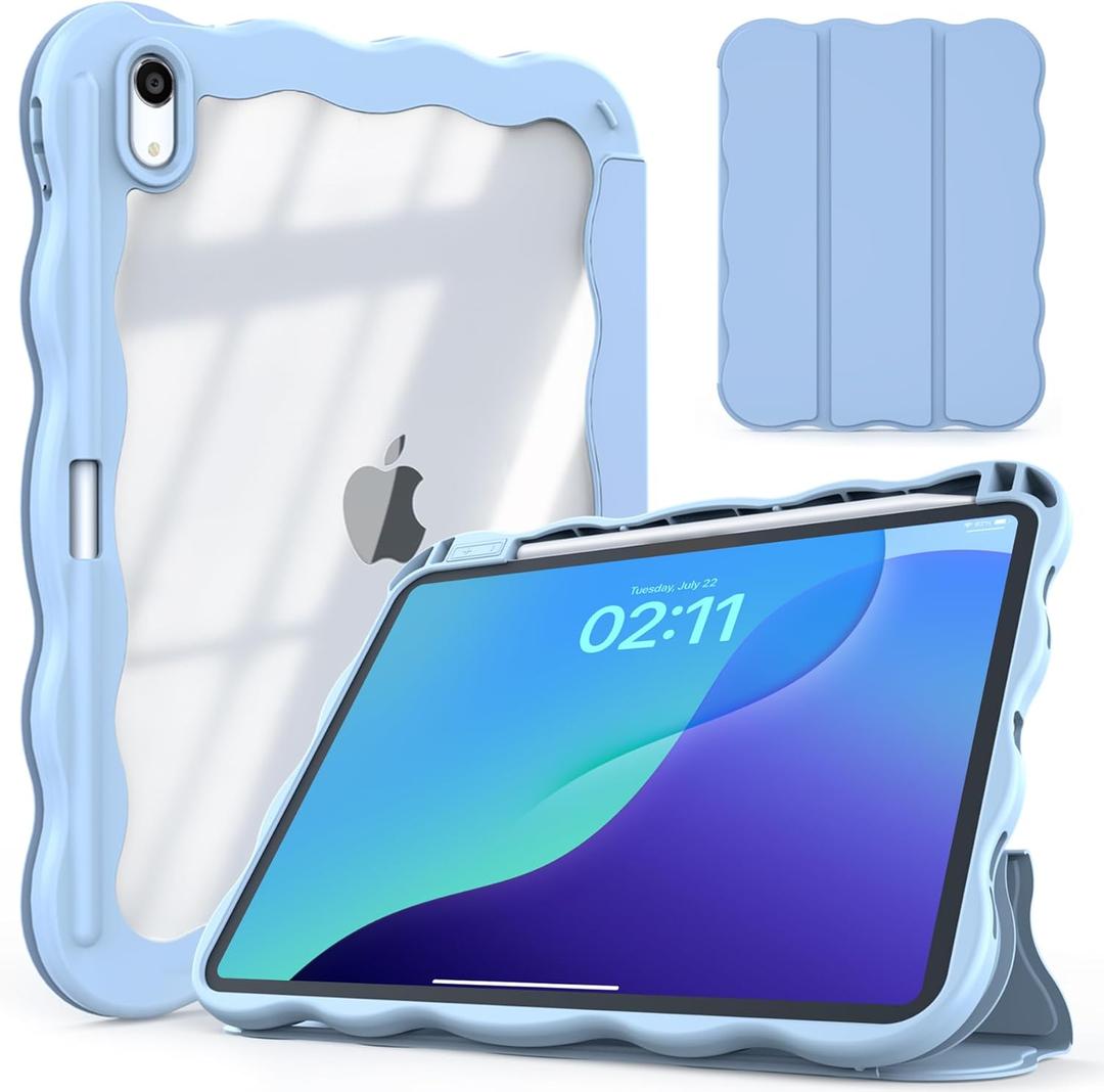 Compatible with iPad (A16) 11th Generation Case 11 Inch 2025, iPad 10th Generation Case 10.9 Inch 2022 with Pencil Holder, Wave-Edge Slim Trifold Stand Protective Cover, Auto Wake/Sleep, SkyBlue