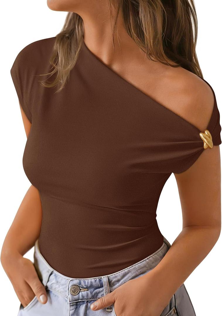 ZESICA Women's 2026 Summer Off Shoulder Tops Going Out Sexy Y2k Shirts Spring Cap Sleeve Ruched Asymmetrical Blouses Medium