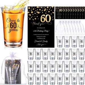 50 Sets Birthday Party Favors for Guests Bulk, 1.4 oz Cheers to 40/45/50/55/60/65 Years Plastic Personalized Glasses Cups with Thank You Cards Gift Bag for Birthday Wedding (Black 60 Years)