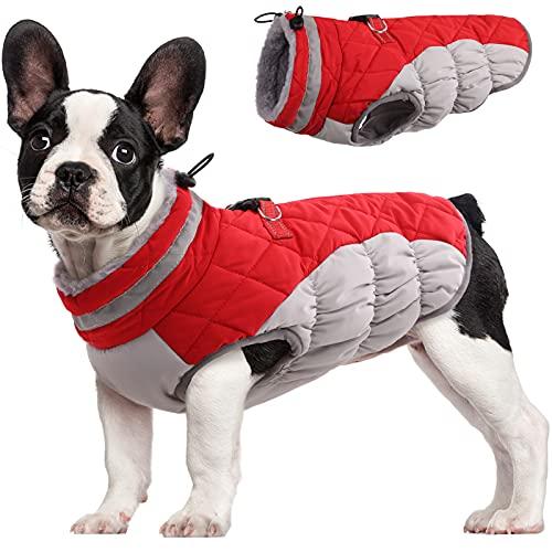 FUAMEY Dog Coat for Medium Dogs, Waterproof Dog Winter Jacket with Harness Built in Puppy Cold Weather Coats Reflective Pet Vest with Zipper Warm Fleece Dogs Snowsuit Windproof Red M