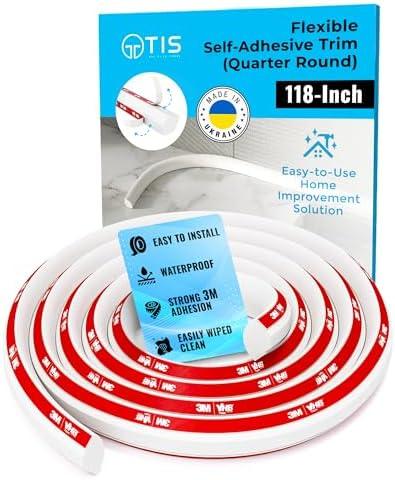 TIS Peel and Stick Trim Molding with 3M Tape – 118 Inch White Flexible PVC Trim, Corner Molding Trim Peel and Stick, Flexible Quarter Round Molding for Floor Trim and Edges