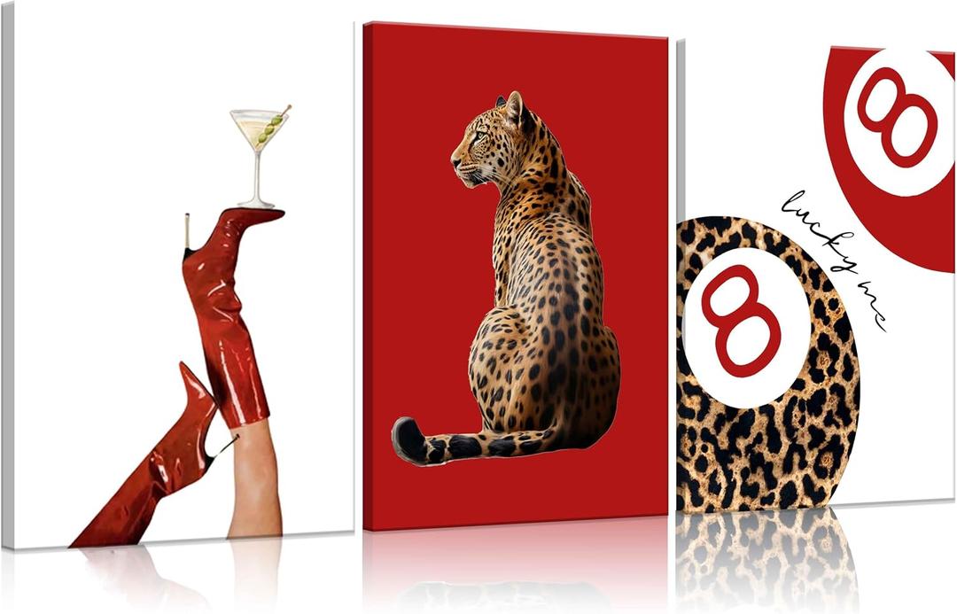 3Pcs Trendy Leopard Wall Art Preppy Funky Red Boot Martini 8 Ball Wall Decor Pictures Vintage Feminism Aesthetic Cheetah Canvas Poster Prints for Girly Bedroom Apartment Dorm Decoration 16X24