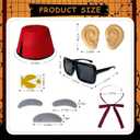 8 Pcs Halloween Old Man Costumes Accessories, Red Fez Hat, Gray Beard Eyebrow, Black Square Glasses, Fake Ears, Long Silk Bow Tie for Halloween Men Cosplay Dress up
