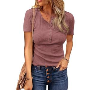 BTFBM Womens Tops 2026 Spring Summer Top Henley V Neck Short Sleeve Button Slim Fit Casual Ribbed Shirts Blouses Outfits L