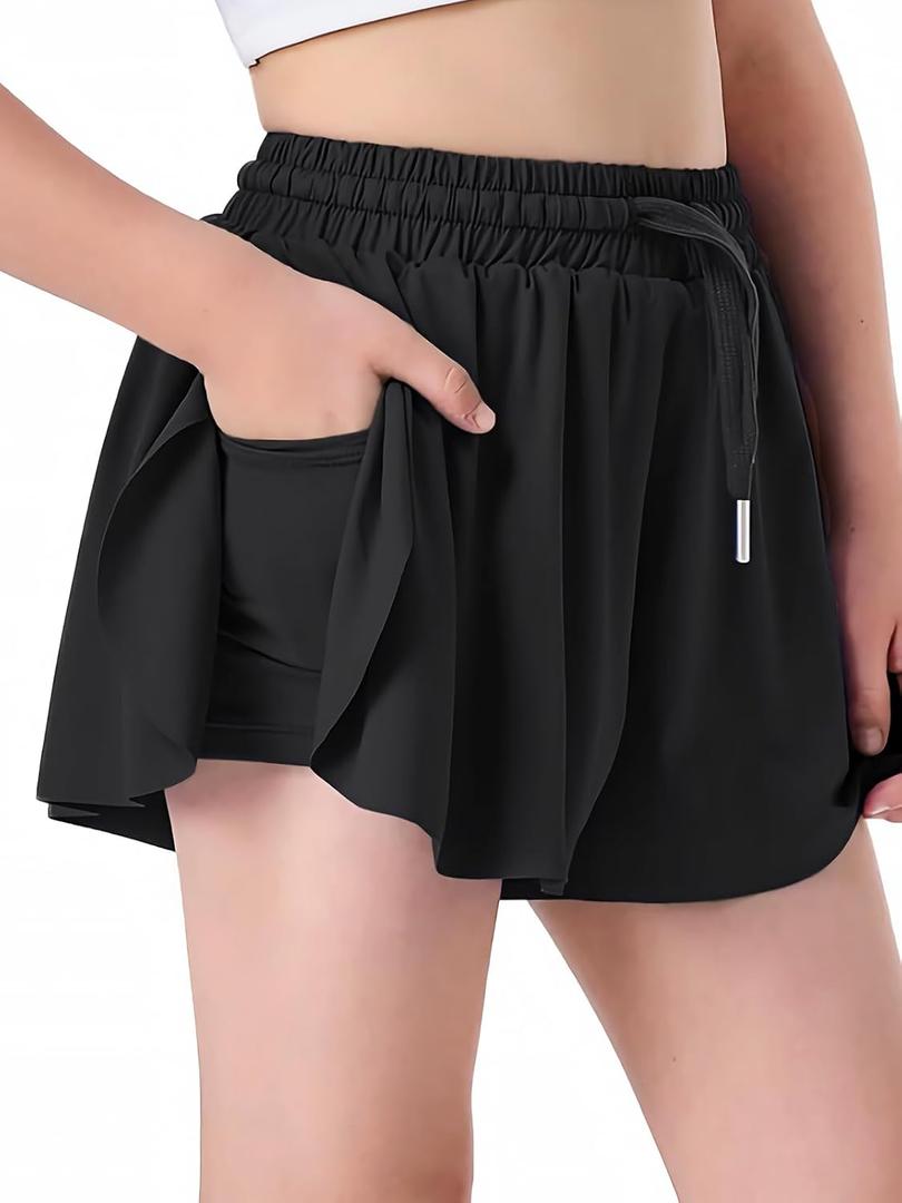 Butterfly Shorts Girls 2 in 1 Flowy Shorts with Pocket Athletic Running Tennis Skirts 3-14Y (Black)