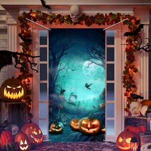 Tatuo Halloween Door Decorations Halloween Front Door Cover Large Fabric Horror Moon Night Dead Tree Scary Cemetery Pumpkins Porch Backdrop Cover Banner for Birthday Party Supplies, 70.87 x 35.43 Inch (Classic)