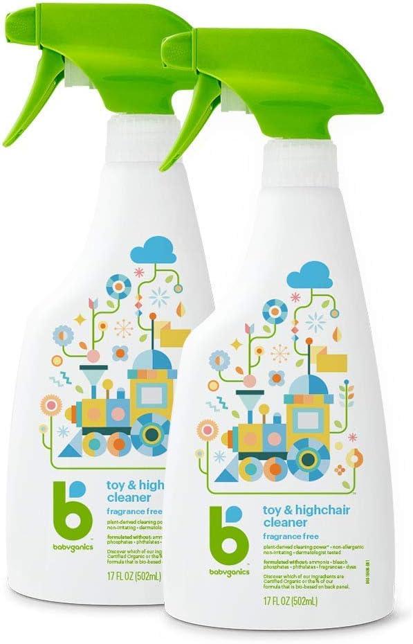 BabyGanics Toy & Highchair Cleaner Spray, Fragrance Free, 17oz Spray Bottle, Made without ammonia, bleach, phosphates, phthalates or dyes, Pack of 2.