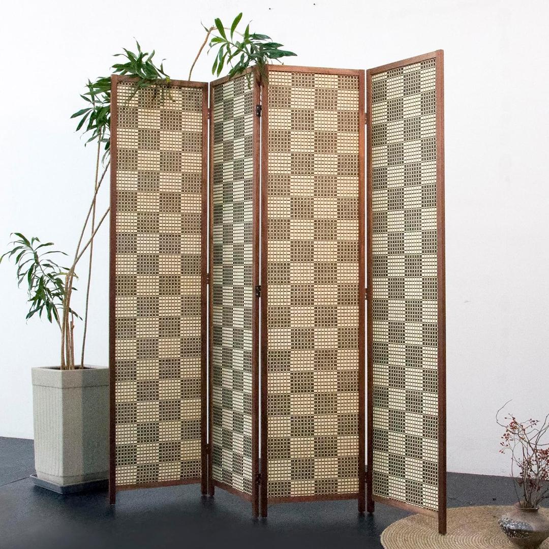 Furnnylane 4 Panel Bamboo Room Divider 5.6 ft Tall Double-Sided Folding Privacy Screen, Freestanding Wall Partition for Home Office & Bedroom, Gray Brown Woven Texture, Easy Setup (67" H x 63" W)