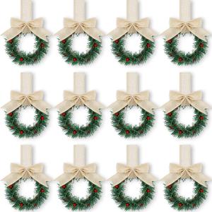 Retrowavy 12 Pcs Christmas Kitchen Cabinet Wreaths with Ribbon 3.94 Inch Mini Christmas Wreath Small Kitchen Xmas Decor for Window Door(Linen Color,Classic Style)
