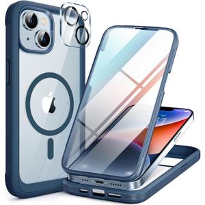 Miracase Magnetic for iPhone 14 Case 6.1'', [Bubble Free] Full-Body Bumper Phone case with Built-in Full Glass Screen &Lens Protector,No Gap,Compatible with MagSafe,Drop Proof 14 Cover,Storm Blue