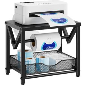 Marbrasse Label Holder for Rolls and Fanfold Labels, Metal Thermal Label Printer Holder with Drawer, Shipping Label Stand,Sticker Roll Holder for Home, Office, Small Business,Black