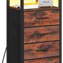 Yoobure Night Stand - LED Rustic Nightstand with Charging Station, Bedside Table with 4 Storage Drawers and Storage Shelf, End Table with USB Ports and Outlets