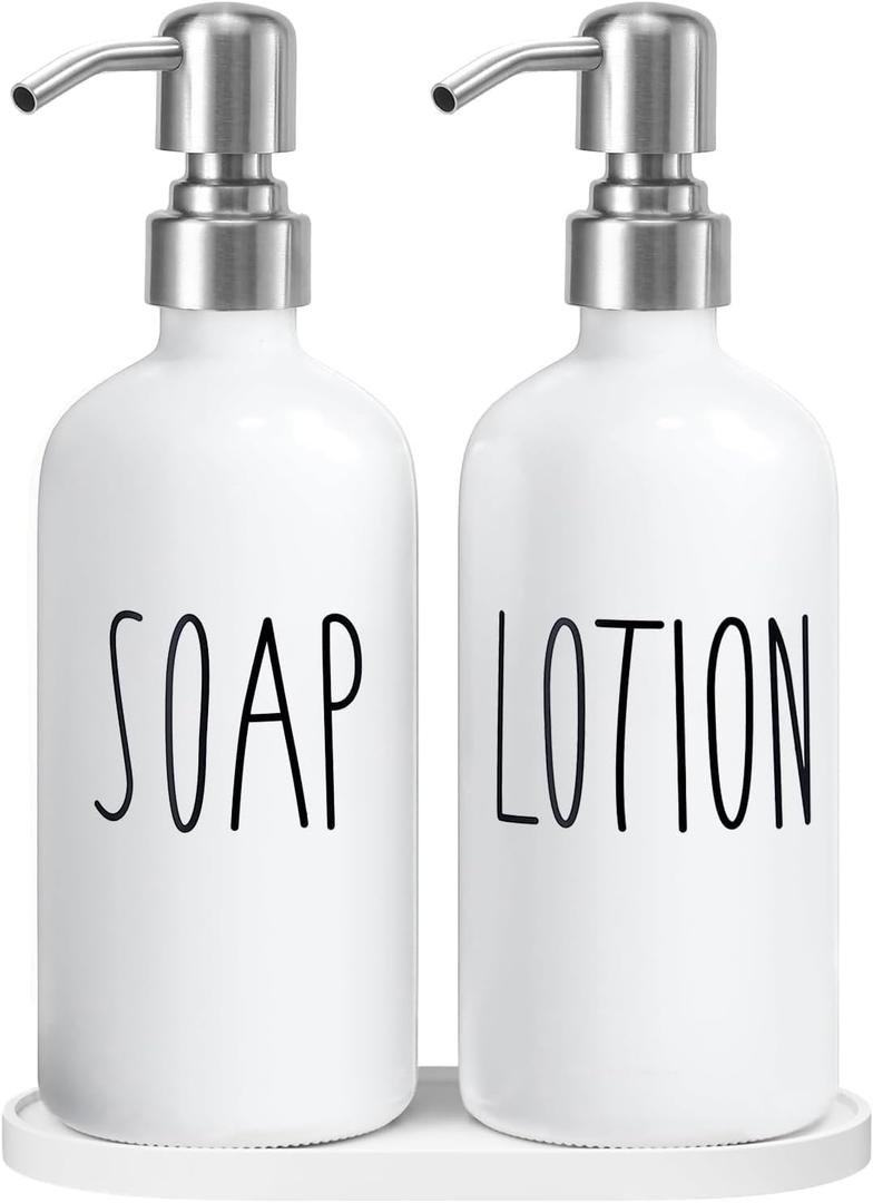 MOMEEMO Hand Soap Dispenser for Bathroom, Soap and Lotion Dispenser Set with Silver Metal Pump, Suitable for Farmhouse Bathroom Decor. (White & Silver)