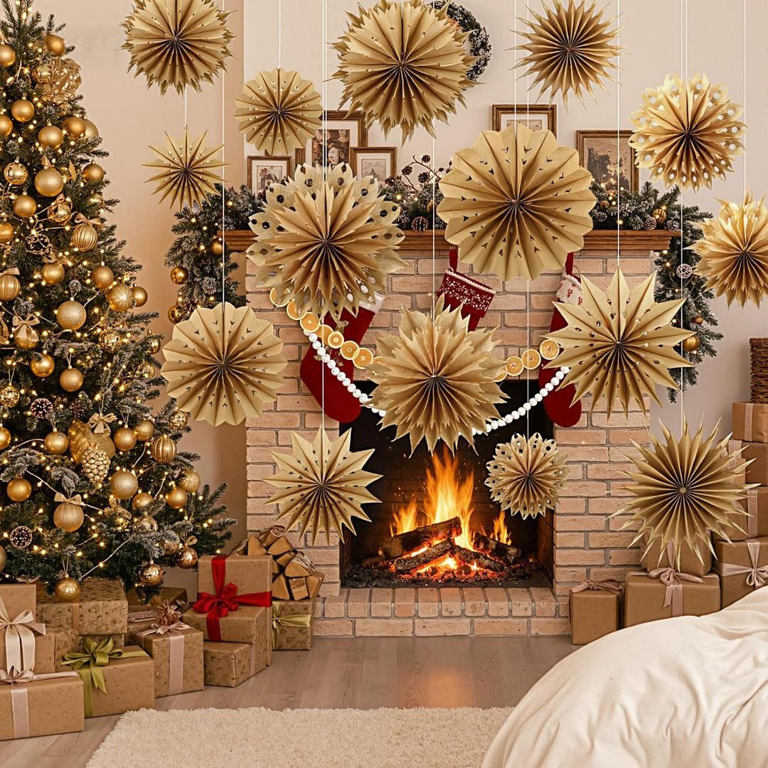 Epakh 18 Pcs Large Paper Snowflakes Hanging Winter Decoration 3D Paper Snowflakes Hanging 15.75/11.81/7.87 Inch Boho Snowflake for Home Ceiling Winter Party Window Accessories(Natural Wood)