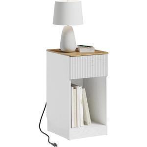 SoBuy White Narrow Nightstand with Charging Station | Small Nightstand with 1 Drawer and Open Shelf, USB & Type-C Ports for Bedroom, Living Room & Dorm, FBT172-WN