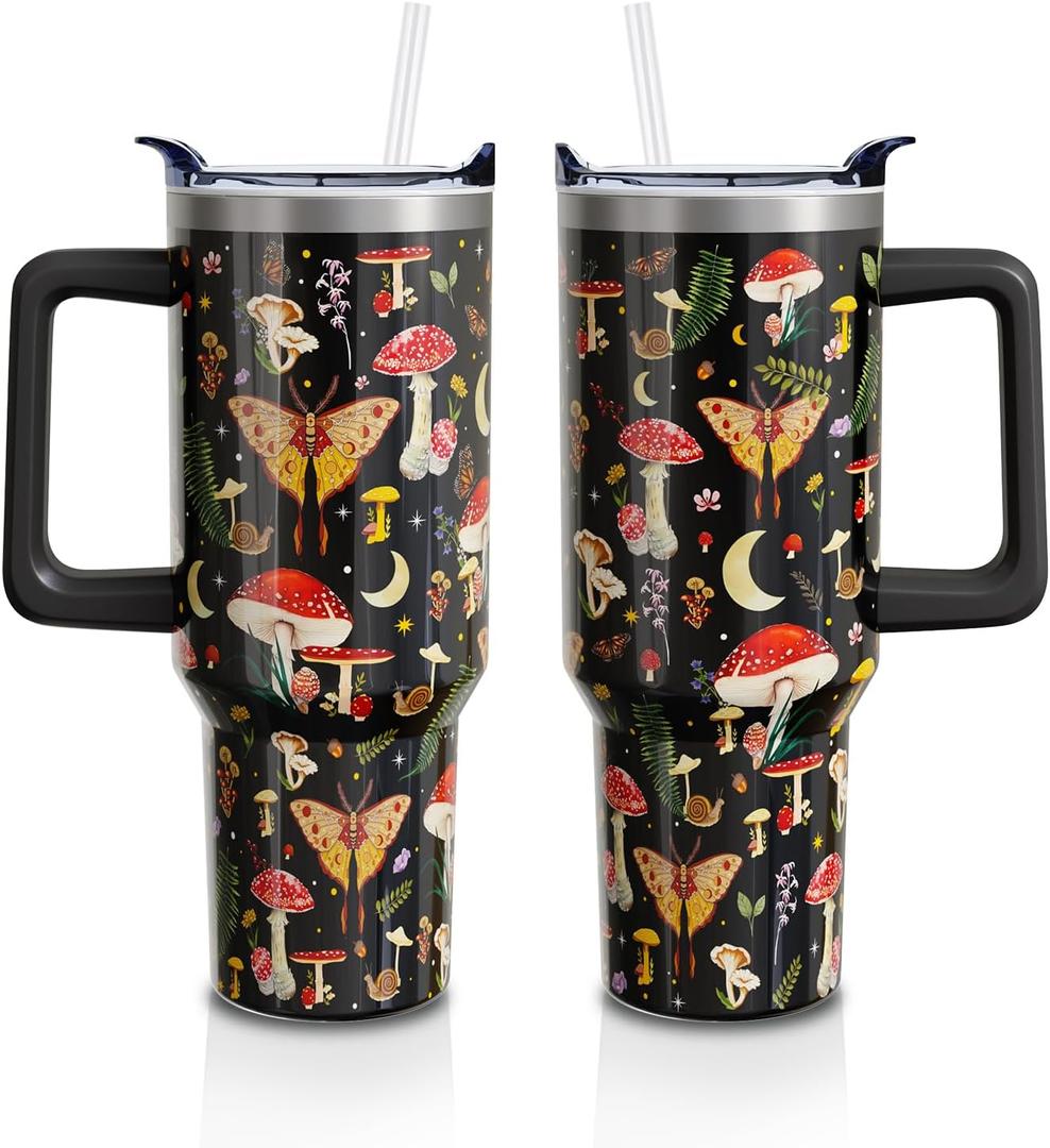 Red Mushroom Gifts 40 Oz Tumbler with Handle and Lid Straw, Stainless Steel Double Walled Vacuum Insulated Cup Mug, Moth Lover Birthday Gifts for Women Men (1 PC