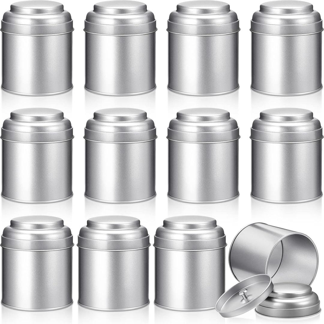 Meanplan 12 Pcs Tea Tin Canister with Airtight Double Lids Round Tin Can Box Small Kitchen Tea Canister Loose Leaf Storage Containers for Loose Bags Coffee Sugar Candy Spices(Silver,8 oz)