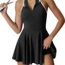 Fisoew Womens Tennis Dress with Built in Shorts and Bra Summer Backless Halter V Neck Yoga Golf Workout Athletic Mini Dresses, L