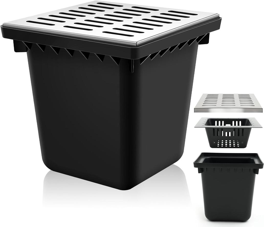 Kritkin Catch Basin with 304 Stainless Steel Grate 18 x 18 x 15 Inch Square Large Catch Basin for Drainage with Debris Basket French Drain Without Reserved Hole for Yard, Downspout, Municipal Pipeline