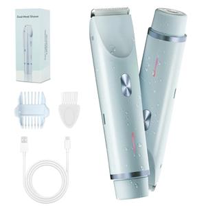 2-in-1 Bikini Trimmer for Women, Bikini Shaver with Dual Heads, Body and Facial Hair Removal, Rechargeable Cordless Electric Razors for Face Chin Pubic Underarm Legs, IPX7 Waterproof, Blue