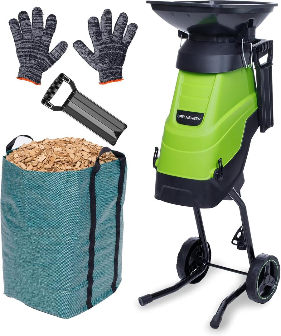 Electric Wood Chipper & Mulcher  15A Powerful Garden Shredder for Branches, Sticks & Yard Waste  Compact, Quiet & Easy to Use with Collection Bag
